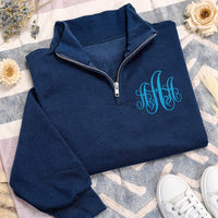 Monogram Embroidered Quarter Zip Sweatshirt, Personalized Monogrammed Pullover, Custom Initials Gift for Her, Stylish Zip Up