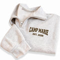 Camp Name Embroidered Quarter Zip Sweatshirt, Personalized Camp Pullover, Custom Camp Crew Gift, Summer Camp Counselor Team Outfit