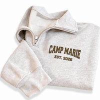 Camp Name Embroidered Quarter Zip Sweatshirt, Personalized Camp Pullover, Custom Camp Crew Gift, Summer Camp Counselor Team Outfit
