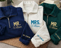 Mr Mrs Embroidered Quarter Zip Sweatshirt, Personalized Couple Pullover, Wedding Date Gift, Bride Groom Matching Outfit