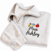 Teacher Name Embroidered Quarter Zip Sweatshirt, Personalized School Staff Pullover, Classroom Gift, Teacher Appreciation Outfit