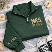 Mr Mrs Embroidered Quarter Zip Sweatshirt, Personalized Couple Pullover, Wedding Date Gift, Bride Groom Matching Outfit