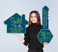 2 Pack Personalized Real Estate Marketing Closing Signs, Customized Realtor Social Media Photo Props, Realtor Key, Custom House Shaped Sign