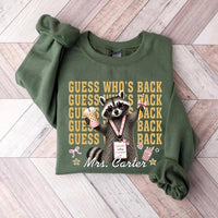 Personalized Guess Who's Back Teacher Tee, Custom Educator Name Shirt, Funny Raccoon Back to School Top, First Day Look, Gift for Teacher