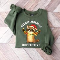 Overstimulated But Festive Raccoon Shirt, Funny Christmas Sweatshirt, Funny Quote Graphic Tee, Introvert Holiday Outfit, Christmas Gift