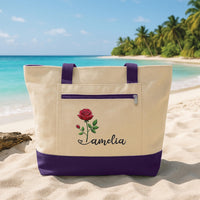 Personalized Birth Month Flower Embroidered Zipper Tote Bag, Custom Name Canvas Tote, Rose Floral Bag, Birthday Gift for Her, Gift for Mom