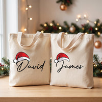 Personalized Christmas Canvas Tote Bag, Custom Name Santa Hat Bag, Holiday Family Carryall, Reusable Cotton Tote, Christmas Gift for Her