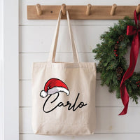 Personalized Christmas Canvas Tote Bag, Custom Name Santa Hat Bag, Holiday Family Carryall, Reusable Cotton Tote, Christmas Gift for Her