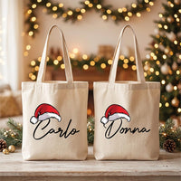 Personalized Christmas Canvas Tote Bag, Custom Name Santa Hat Bag, Holiday Family Carryall, Reusable Cotton Tote, Christmas Gift for Her