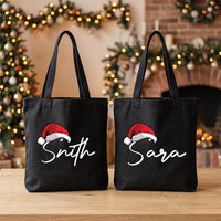 Personalized Christmas Canvas Tote Bag, Custom Name Santa Hat Bag, Holiday Family Carryall, Reusable Cotton Tote, Christmas Gift for Her