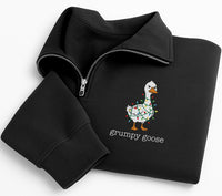 Personalized Goose Embroidered Quarter Zip Sweatshirt, Custom Holiday Pullover, Festive Embroidered Top, Winter Outfit, Christmas Gift