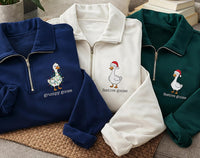 Personalized Goose Embroidered Quarter Zip Sweatshirt, Custom Holiday Pullover, Festive Embroidered Top, Winter Outfit, Christmas Gift