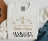 North Pole Gingerbread Bakery Embroidered Sweatshirt, Holiday Hoodie, Festive Shirt, Vintage Winter Crewneck, Christmas Gift for Her