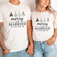 Personalized Merry and Married Couple Shirt, Custom Est Year Holiday Tee, Matching Newlywed Outfit, His and Hers Shirts, Newlywed Gift