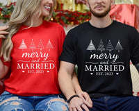 Personalized Merry and Married Couple Shirt, Custom Est Year Holiday Tee, Matching Newlywed Outfit, His and Hers Shirts, Newlywed Gift