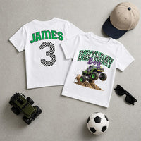Personalized Monster Truck Shirts, Pit Crew Family Tees, 3rd Birthday Boy Outfit, Front Back Print, Gift for Toddler