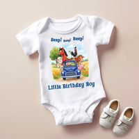 Personalized Farm Birthday Boy Shirt, Custom Name Age Kids Tee, Beep Beep Farm Truck Top, Barnyard Party Outfit, Birthday Gift, Front Back