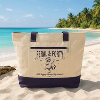 Personalized 40th Birthday Tote Bag with Zipper, Custom Birth Year Canvas Bag, Funny Feral Raccoon Vacation Essentials Tote, Gift for Her