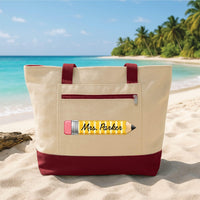 Personalized Teacher Tote Bag with Zipper, Custom Name Canvas Tote, Pencil Design, Classroom Supplies Bag, Teacher Appreciation Gift