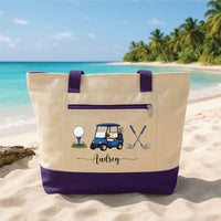 Personalized Golf Tote Bag with Zipper, Custom Name Canvas Bag, Cart and Crossed Clubs Design, Golf Essentials Tote, Gift for Golfer