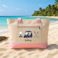 Personalized Golf Tote Bag with Zipper, Custom Name Canvas Bag, Cart and Crossed Clubs Design, Golf Essentials Tote, Gift for Golfer