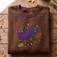 Halloween Embroidered Sweatshirt, Witchy Black Feline Hoodie, Spooky Season Long Sleeve Shirt, Cute Cat Hoodie, Gift for Cat Lover