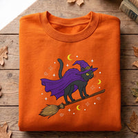 Halloween Embroidered Sweatshirt, Witchy Black Feline Hoodie, Spooky Season Long Sleeve Shirt, Cute Cat Hoodie, Gift for Cat Lover