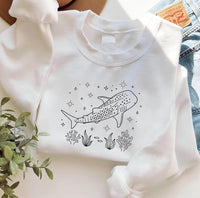 Whale Shark Embroidered Sweatshirt, Ocean Lover Hoodie, Marine Life Long Sleeve Shirt, Cozy Hobby Crewneck, Hobby Gift for Ocean Lovers