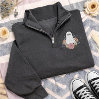 Floral Ghost Embroidered Quarter Zip Sweatshirt, Vintage Botanical Ghost Pullover, Festive Embroidered Top for Fall, Halloween Gift