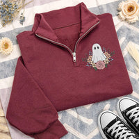 Floral Ghost Embroidered Quarter Zip Sweatshirt, Vintage Botanical Ghost Pullover, Festive Embroidered Top for Fall, Halloween Gift
