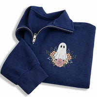 Floral Ghost Embroidered Quarter Zip Sweatshirt, Vintage Botanical Ghost Pullover, Festive Embroidered Top for Fall, Halloween Gift