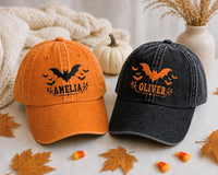 embroidered hat baseball cap halloween bats bat embroidery custom name personalized gift trick or treat spooky season kids halloween cotton twill low profile fall party gift orange black