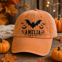 embroidered hat baseball cap halloween bats bat embroidery custom name personalized gift trick or treat spooky season kids halloween cotton twill low profile fall party gift orange black