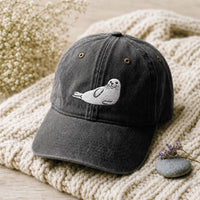 Cute White Seal Embroidered Hat, Marine Animal Lover Baseball Cap, Bio Washed Cotton Cap, Coastal Wildlife Lover Gift, Gift for Her