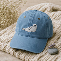 Cute White Seal Embroidered Hat, Marine Animal Lover Baseball Cap, Bio Washed Cotton Cap, Coastal Wildlife Lover Gift, Gift for Her