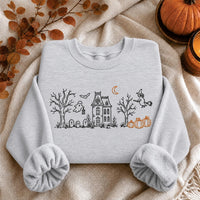 Haunted House Embroidered Sweatshirt, Spooky Halloween Witch Hoodie, Ghost Pumpkin Graveyard Shirt, Holiday Sweatshirt, Cozy Fall Gift
