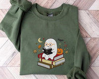 Book Lover Embroidered Sweatshirt, Halloween Reading Ghost Shirt, Cute Spooky Reader Crewneck, Bookish Hoodie, Book Lover Gift for Her