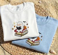 Book Lover Embroidered Sweatshirt, Halloween Reading Ghost Shirt, Cute Spooky Reader Crewneck, Bookish Hoodie, Book Lover Gift for Her