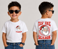 Personalized Kids Christmas Santa Tee, Custom Name Festive Shirt, Front Back Print Holiday Tee, Christmas Outfit, Holiday Gift for Kids