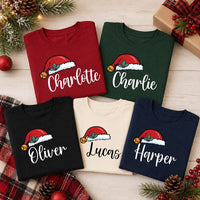 Personalized Santa Hat Script Name Shirts, Custom Name Matching Tees, Family Christmas Tee, Holiday Party Outfit, Family Christmas Gift