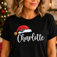 Personalized Santa Hat Script Name Shirts, Custom Name Matching Tees, Family Christmas Tee, Holiday Party Outfit, Family Christmas Gift