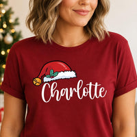 Personalized Santa Hat Script Name Shirts, Custom Name Matching Tees, Family Christmas Tee, Holiday Party Outfit, Family Christmas Gift