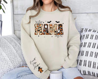 Personalized Halloween Mama Sweatshirt, Custom Kids Name Crewneck, Spooky Mama Shirt, Fall Mom Outfit, Halloween Gift, Front Sleeve Print