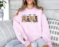 Personalized Halloween Mama Sweatshirt, Custom Kids Name Crewneck, Spooky Mama Shirt, Fall Mom Outfit, Halloween Gift, Front Sleeve Print