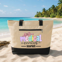 Personalized Medical Assistant Tote Bag with Zipper, Custom Name Canvas Tote, Colorful Bow Design, Hospital Shift Bag, Medical Worker Gift
