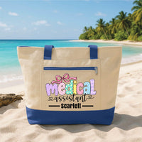 Personalized Medical Assistant Tote Bag with Zipper, Custom Name Canvas Tote, Colorful Bow Design, Hospital Shift Bag, Medical Worker Gift