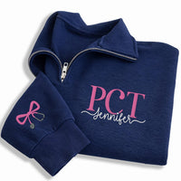 Personalized PCT Embroidered Quarter Zip Sweatshirt, Custom Name Pullover, Medical Team Apparel, Patient Care Technician, Employee Gift