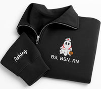 Personalized Nurse Embroidered Quarter Zip Sweatshirt, Custom Ghost RN Pullover, Medical Team Apparel, Halloween Work Layer, Gift for RN