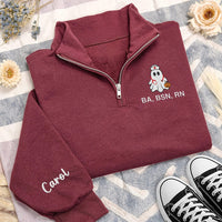 Personalized Nurse Embroidered Quarter Zip Sweatshirt, Custom Ghost RN Pullover, Medical Team Apparel, Halloween Work Layer, Gift for RN