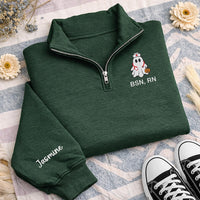 Personalized Nurse Embroidered Quarter Zip Sweatshirt, Custom Ghost RN Pullover, Medical Team Apparel, Halloween Work Layer, Gift for RN